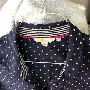 Boden Silk Shirt Navy/White Polka Dot with contrast Striped Neck and Cuffs
